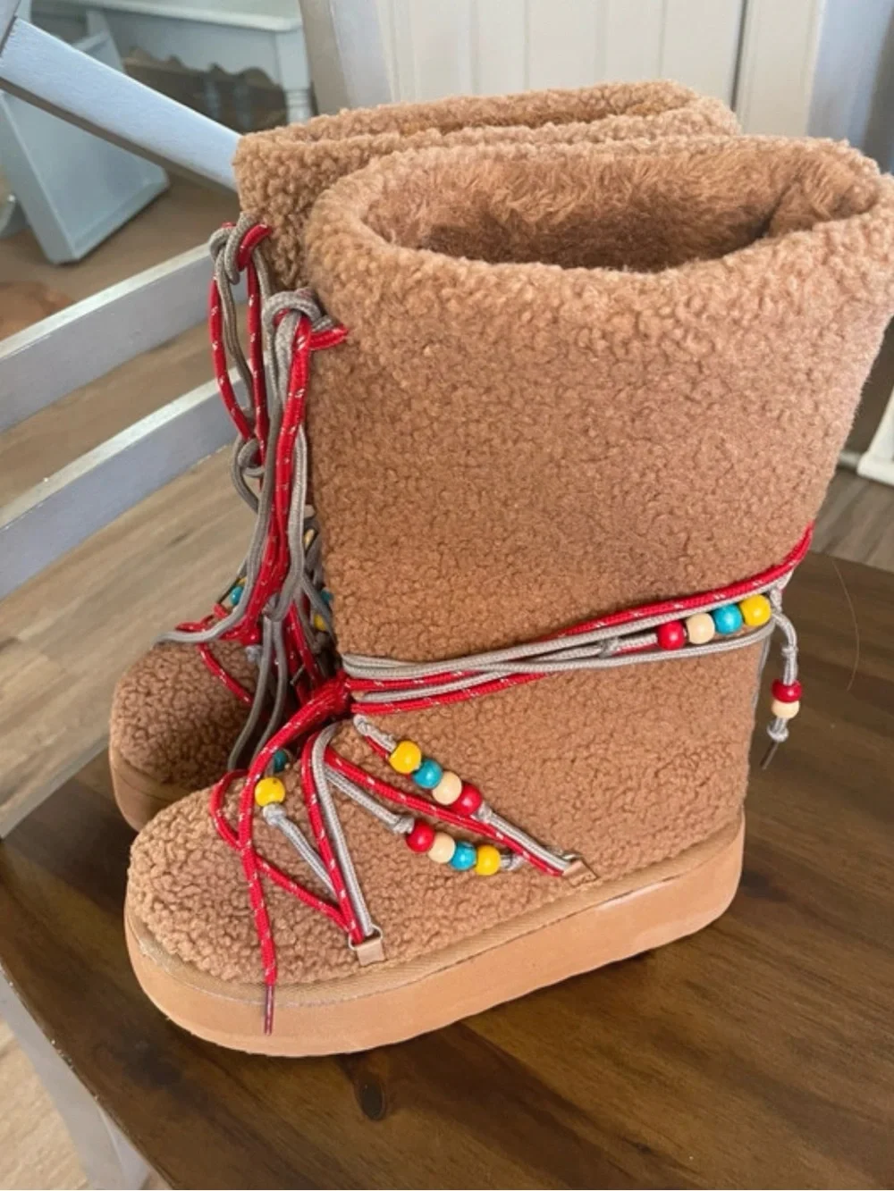 EGO Tan Sherpa Lace-Up Beaded Platform Boots
